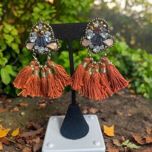 Boho Tassel Statement Earrings Orange Fringe Beaded Handmade Artistic Festival‎